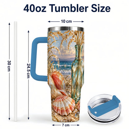 #pl[40oz|Blue] Sunset Seashell 40oz Tumbler with Handle, Coastal Travel Cup, Faceted Art