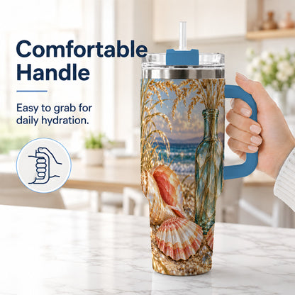 #pl[40oz|Blue] Sunset Seashell 40oz Tumbler with Handle, Coastal Travel Cup, Faceted Art
