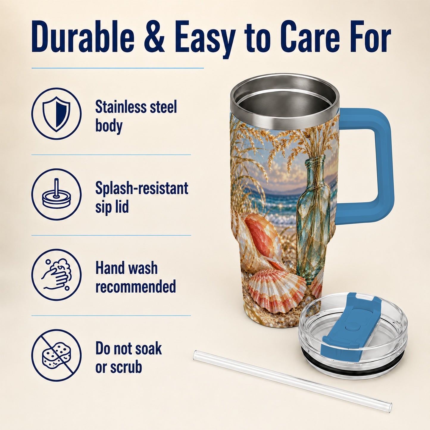 #pl[40oz|Blue] Sunset Seashell 40oz Tumbler with Handle, Coastal Travel Cup, Faceted Art
