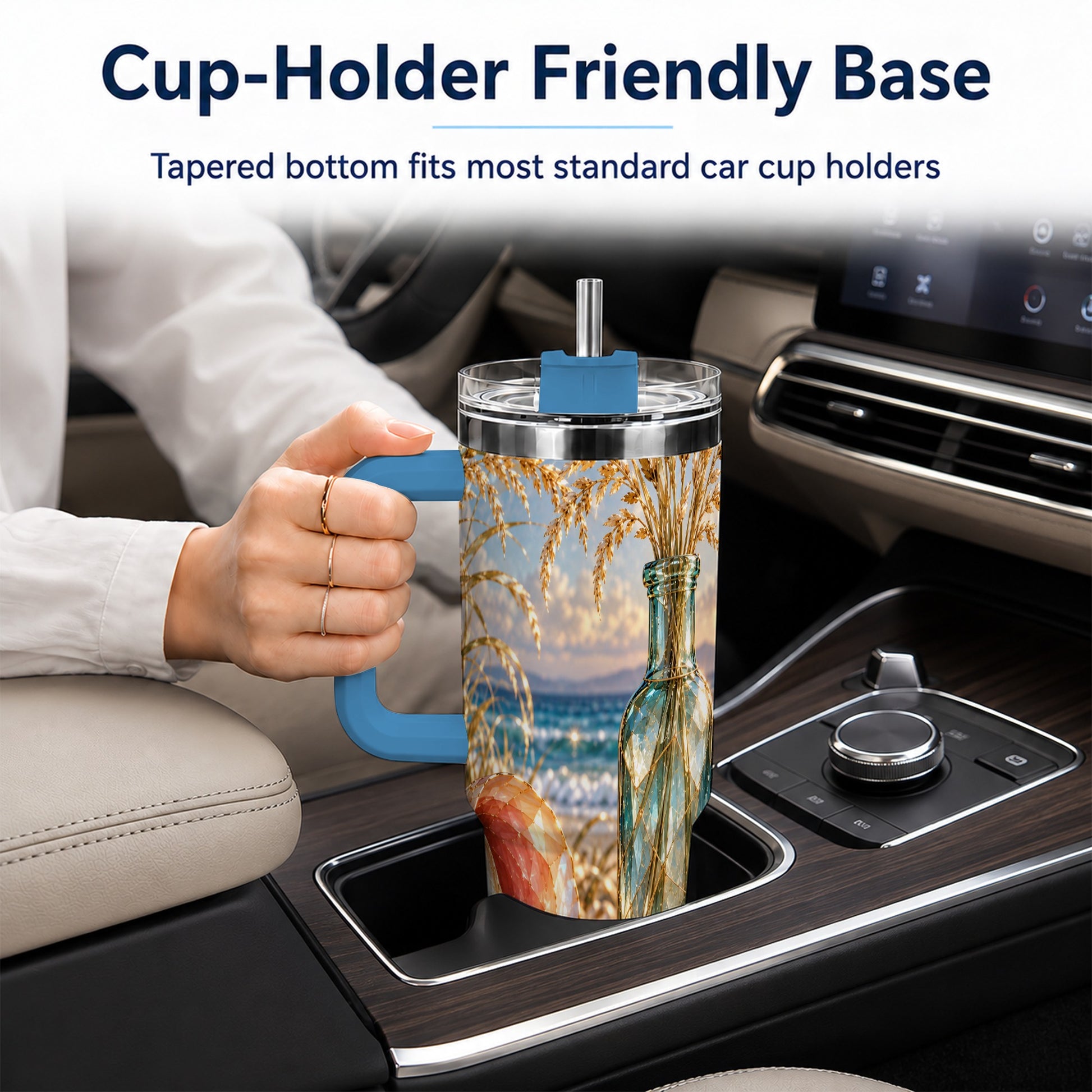 #pl[40oz|Blue] Sunset Seashell 40oz Tumbler with Handle, Coastal Travel Cup, Faceted Art