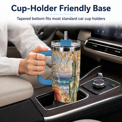 #pl[40oz|Blue] Sunset Seashell 40oz Tumbler with Handle, Coastal Travel Cup, Faceted Art