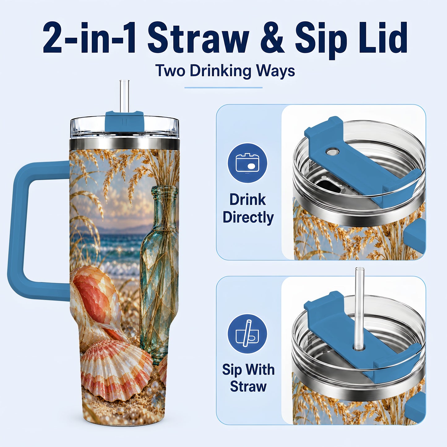#pl[40oz|Blue] Sunset Seashell 40oz Tumbler with Handle, Coastal Travel Cup, Faceted Art