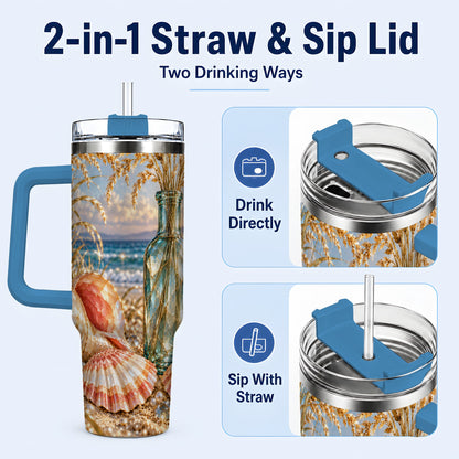 #pl[40oz|Blue] Sunset Seashell 40oz Tumbler with Handle, Coastal Travel Cup, Faceted Art