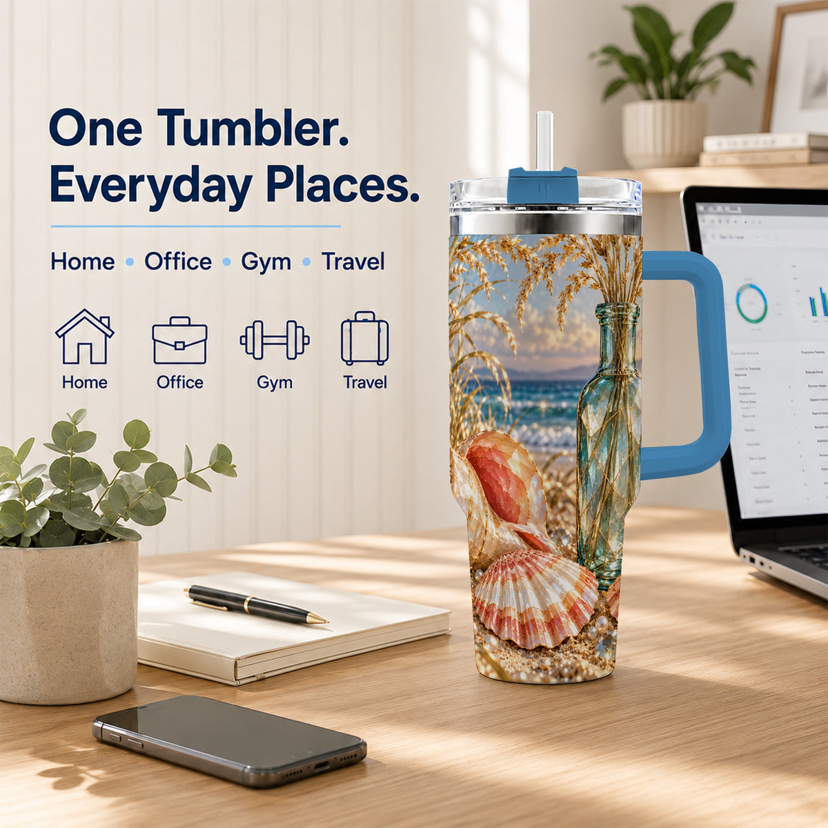 #pl[40oz|Blue] Sunset Seashell 40oz Tumbler with Handle, Coastal Travel Cup, Faceted Art
