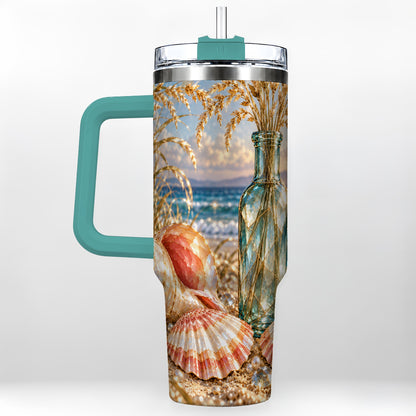 #pl[40oz|Green] Sunset Seashell 40oz Tumbler with Handle, Coastal Travel Cup, Faceted Art