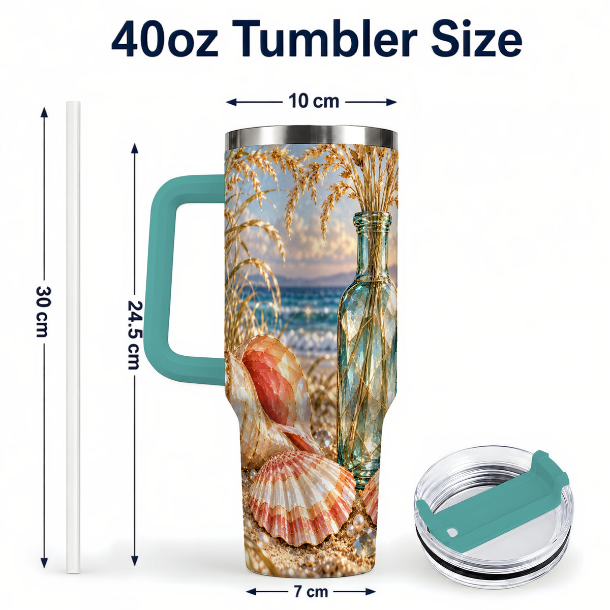 #pl[40oz|Green] Sunset Seashell 40oz Tumbler with Handle, Coastal Travel Cup, Faceted Art