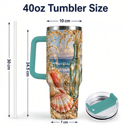 #pl[40oz|Green] Sunset Seashell 40oz Tumbler with Handle, Coastal Travel Cup, Faceted Art