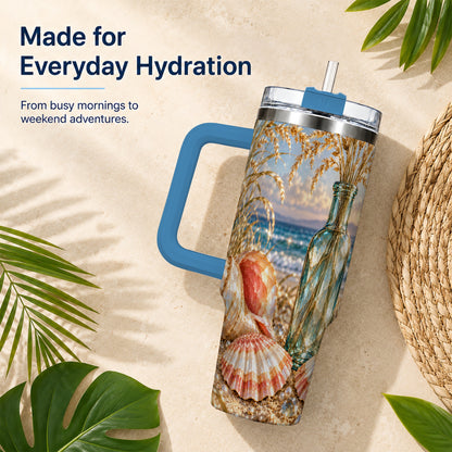 #pl[40oz|Blue] Sunset Seashell 40oz Tumbler with Handle, Coastal Travel Cup, Faceted Art