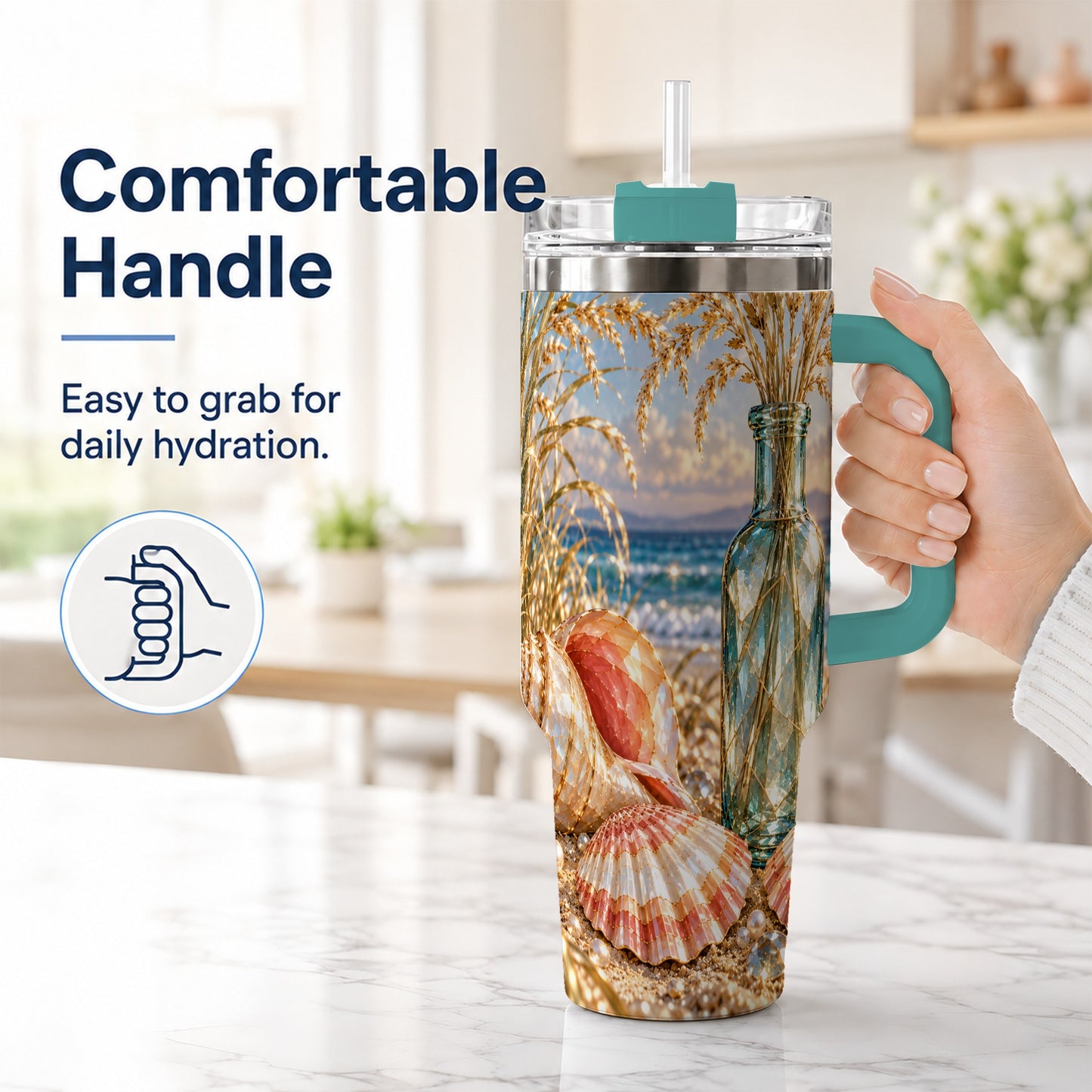 #pl[40oz|Green] Sunset Seashell 40oz Tumbler with Handle, Coastal Travel Cup, Faceted Art