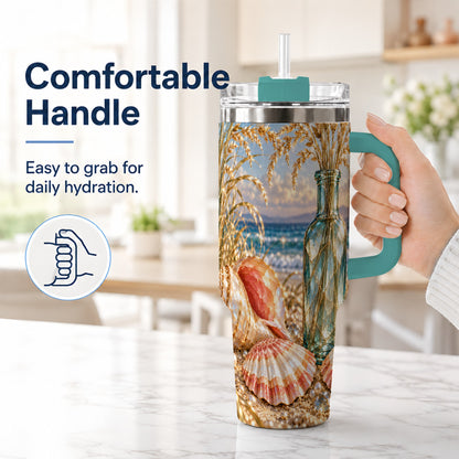 #pl[40oz|Green] Sunset Seashell 40oz Tumbler with Handle, Coastal Travel Cup, Faceted Art
