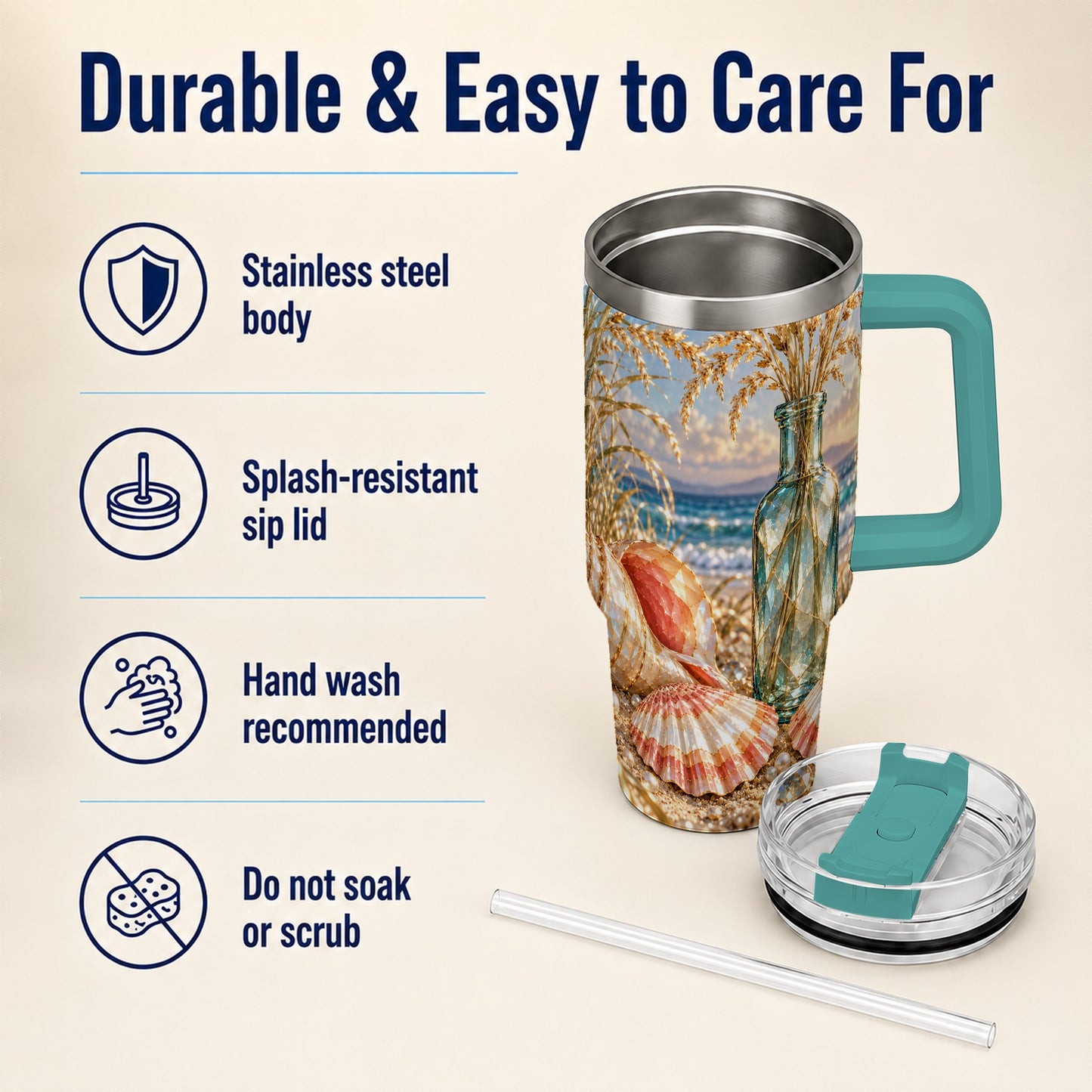 #pl[40oz|Green] Sunset Seashell 40oz Tumbler with Handle, Coastal Travel Cup, Faceted Art