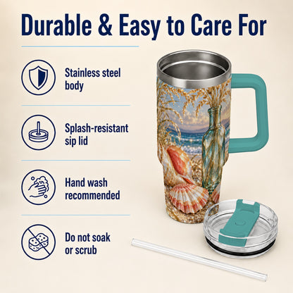 #pl[40oz|Green] Sunset Seashell 40oz Tumbler with Handle, Coastal Travel Cup, Faceted Art