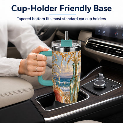 #pl[40oz|Green] Sunset Seashell 40oz Tumbler with Handle, Coastal Travel Cup, Faceted Art