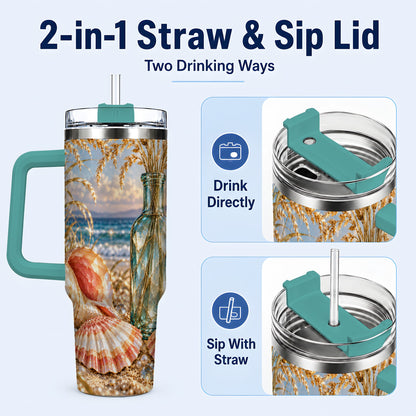 #pl[40oz|Green] Sunset Seashell 40oz Tumbler with Handle, Coastal Travel Cup, Faceted Art