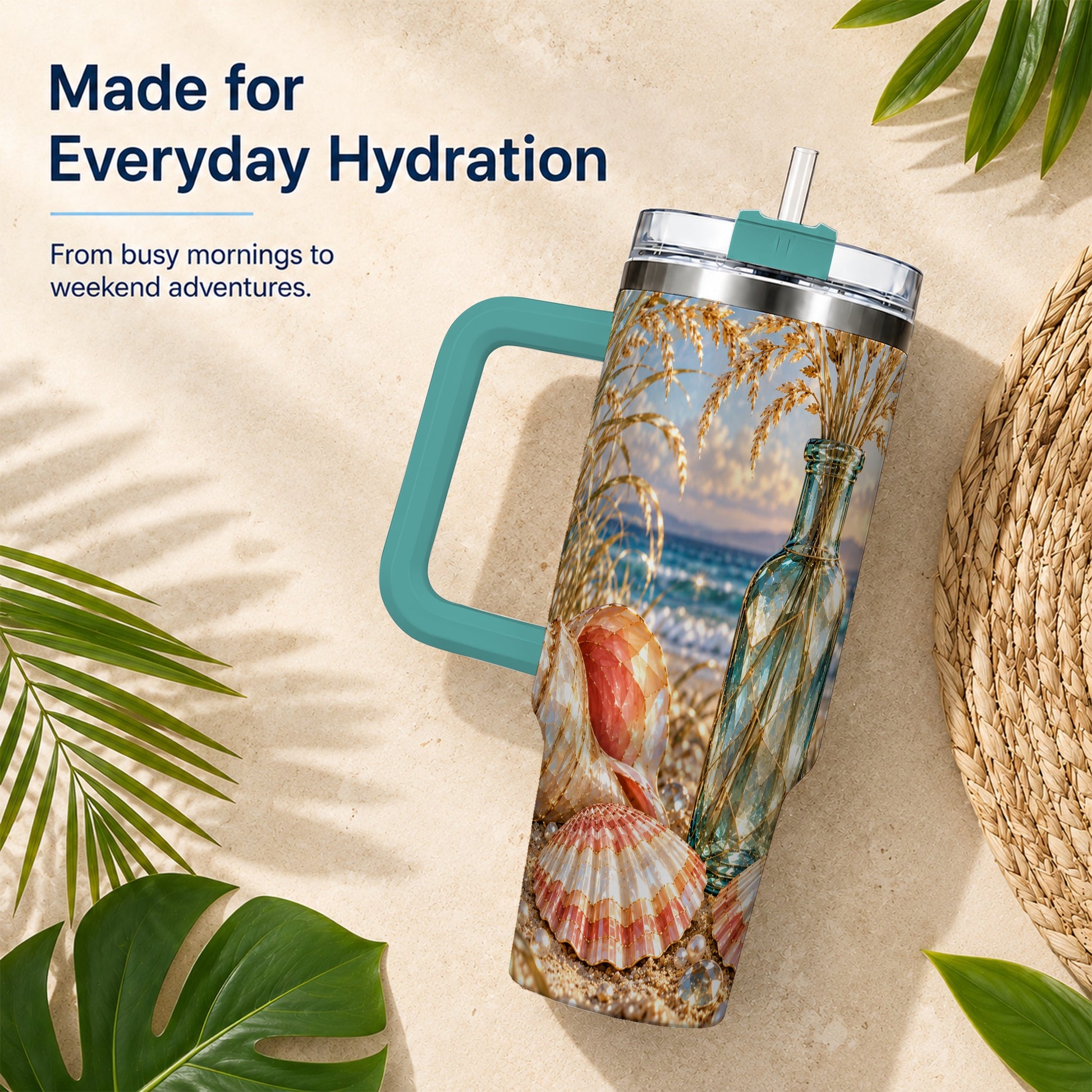 #pl[40oz|Green] Sunset Seashell 40oz Tumbler with Handle, Coastal Travel Cup, Faceted Art