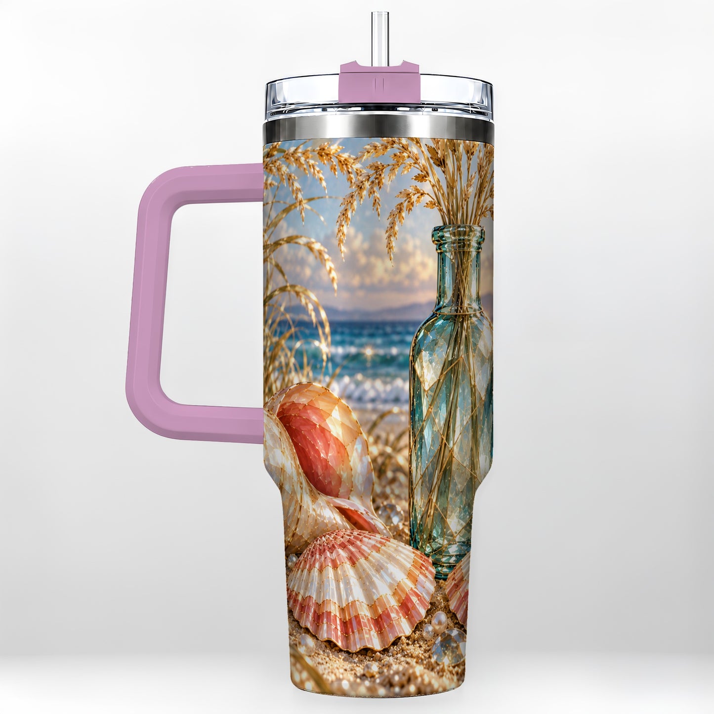 #pl[40oz|Pink] Sunset Seashell 40oz Tumbler with Handle, Coastal Travel Cup, Faceted Art