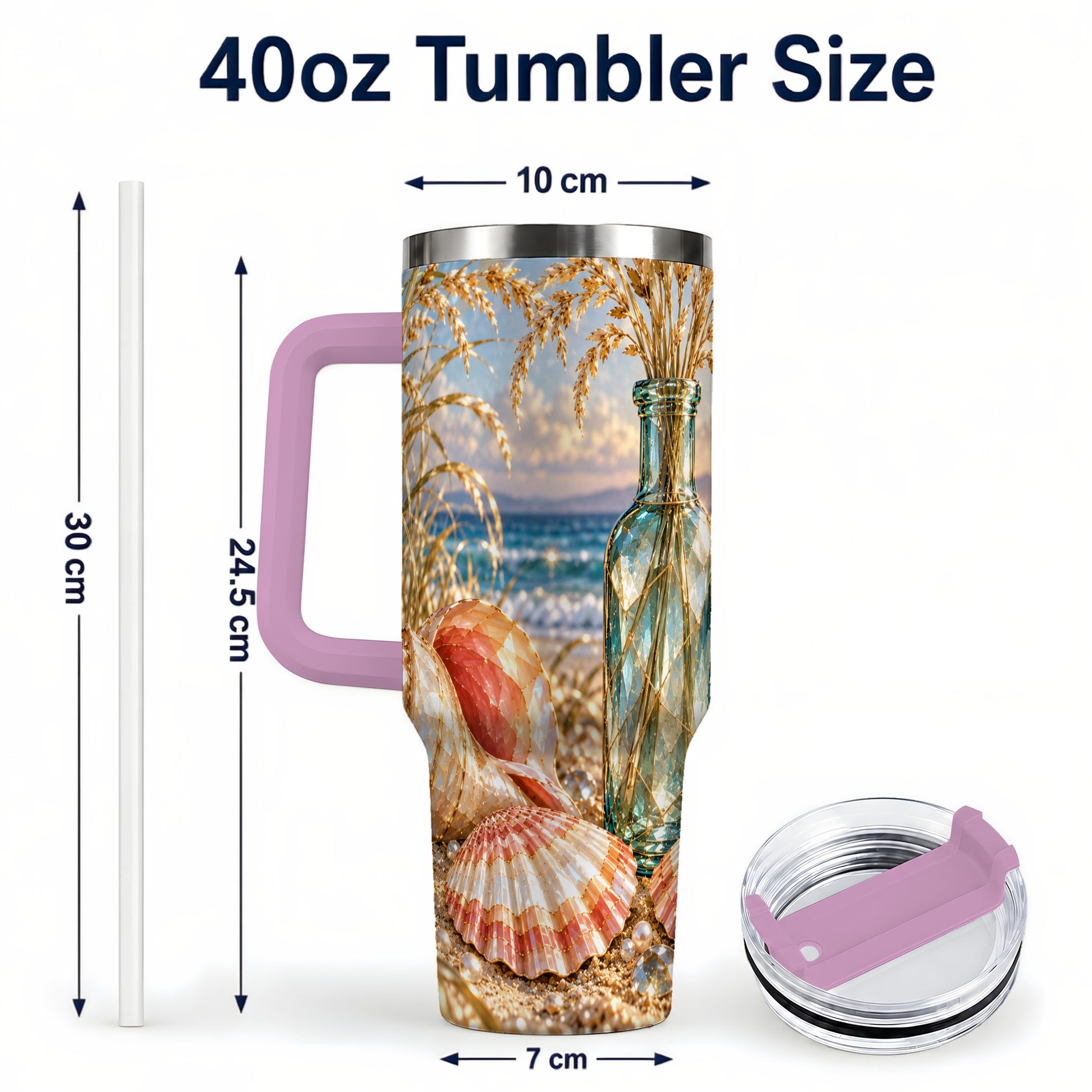 #pl[40oz|Pink] Sunset Seashell 40oz Tumbler with Handle, Coastal Travel Cup, Faceted Art