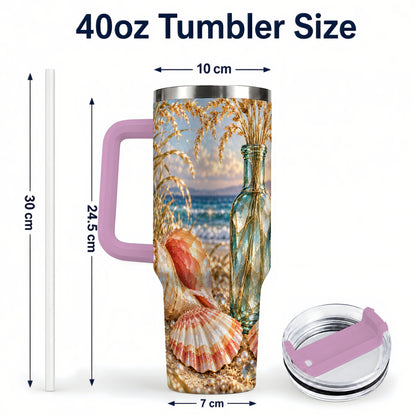 #pl[40oz|Pink] Sunset Seashell 40oz Tumbler with Handle, Coastal Travel Cup, Faceted Art