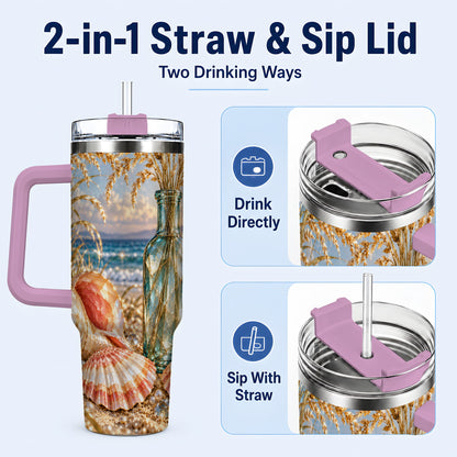 #pl[40oz|Pink] Sunset Seashell 40oz Tumbler with Handle, Coastal Travel Cup, Faceted Art
