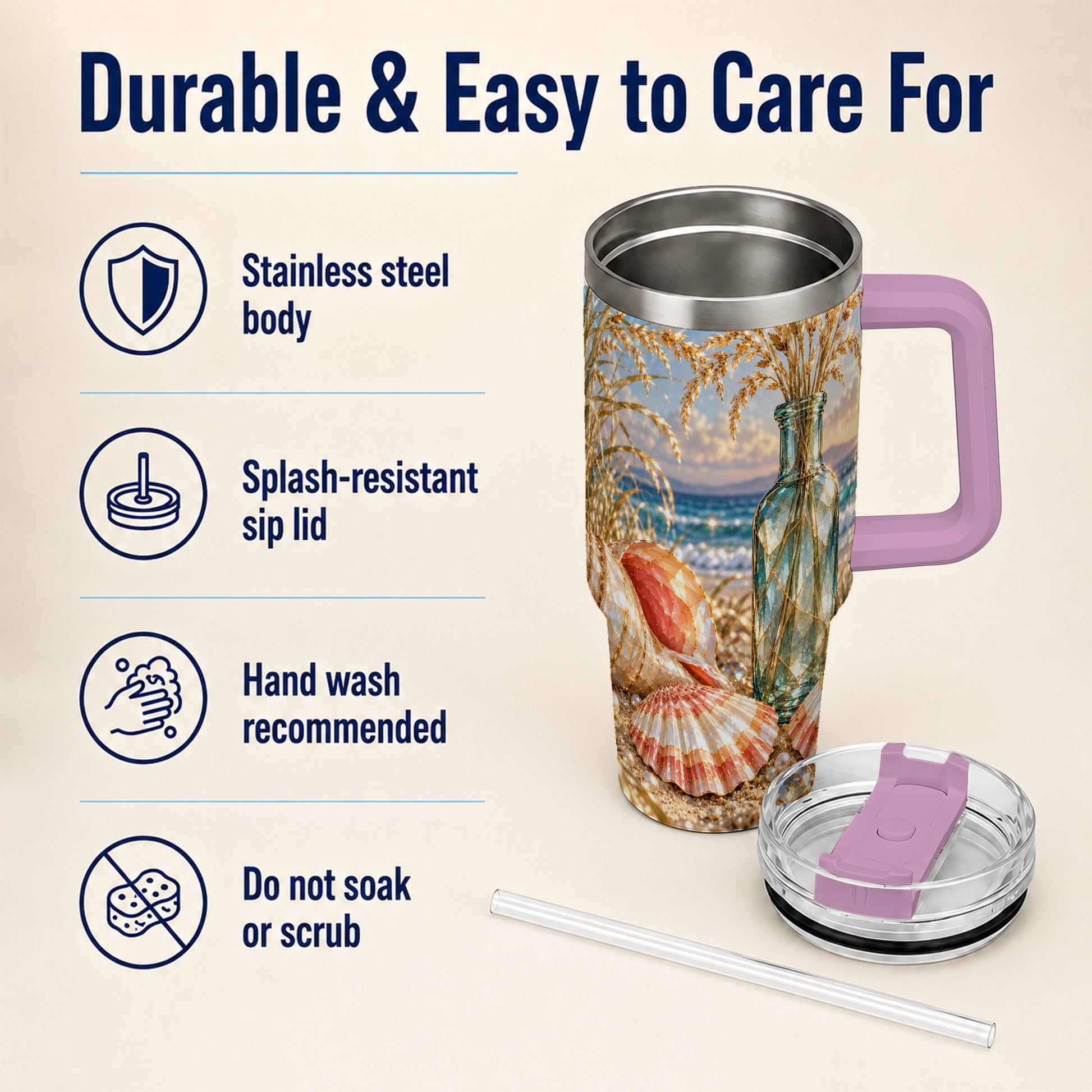 #pl[40oz|Pink] Sunset Seashell 40oz Tumbler with Handle, Coastal Travel Cup, Faceted Art