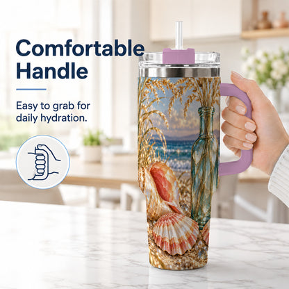 #pl[40oz|Pink] Sunset Seashell 40oz Tumbler with Handle, Coastal Travel Cup, Faceted Art