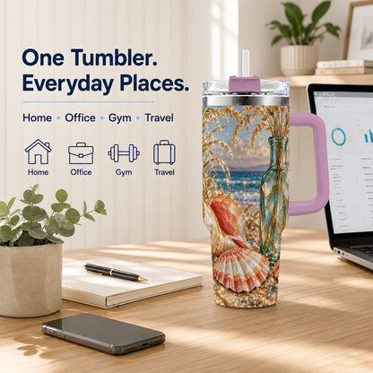 #pl[40oz|Pink] Sunset Seashell 40oz Tumbler with Handle, Coastal Travel Cup, Faceted Art