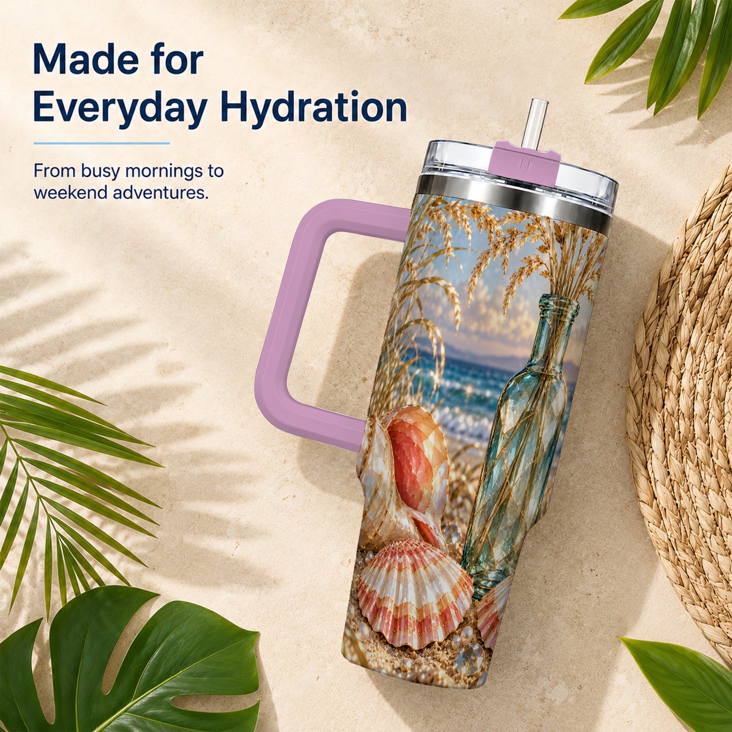 #pl[40oz|Pink] Sunset Seashell 40oz Tumbler with Handle, Coastal Travel Cup, Faceted Art