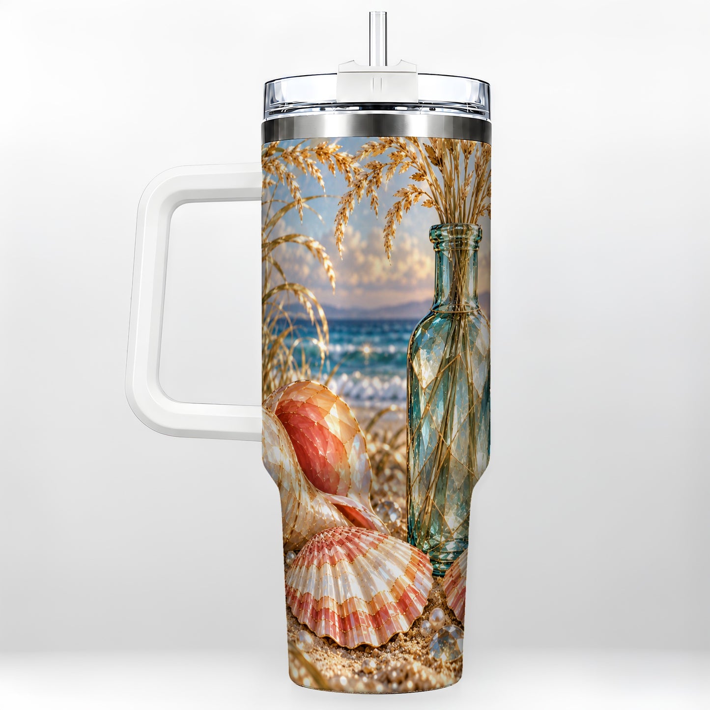 Sunset Seashell 40oz Tumbler with Handle, Coastal Travel Cup, Faceted Art