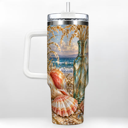 Sunset Seashell 40oz Tumbler with Handle, Coastal Travel Cup, Faceted Art