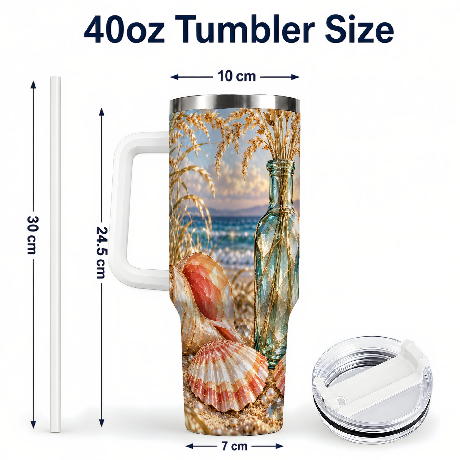#pl[40oz|White] Sunset Seashell 40oz Tumbler with Handle, Coastal Travel Cup, Faceted Art