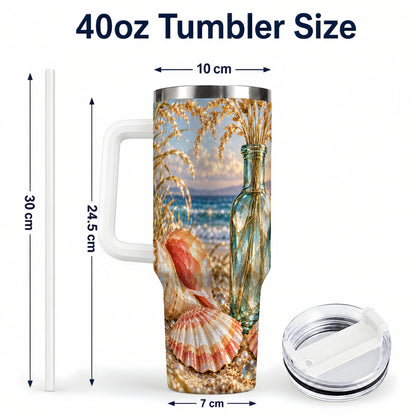 #pl[40oz|White] Sunset Seashell 40oz Tumbler with Handle, Coastal Travel Cup, Faceted Art