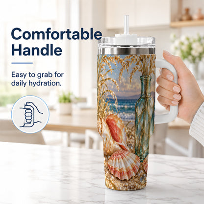 #pl[40oz|White] Sunset Seashell 40oz Tumbler with Handle, Coastal Travel Cup, Faceted Art