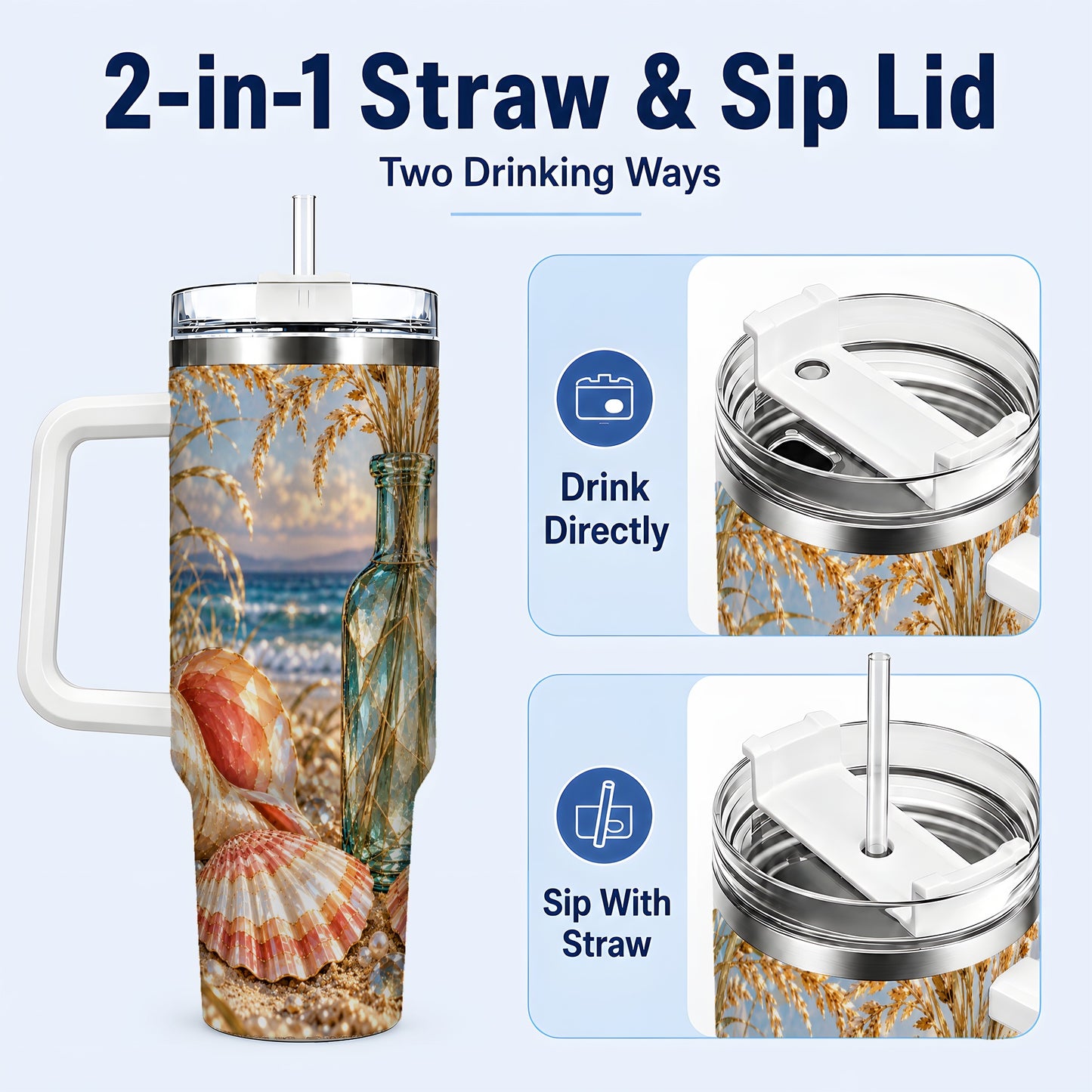 #pl[40oz|White] Sunset Seashell 40oz Tumbler with Handle, Coastal Travel Cup, Faceted Art