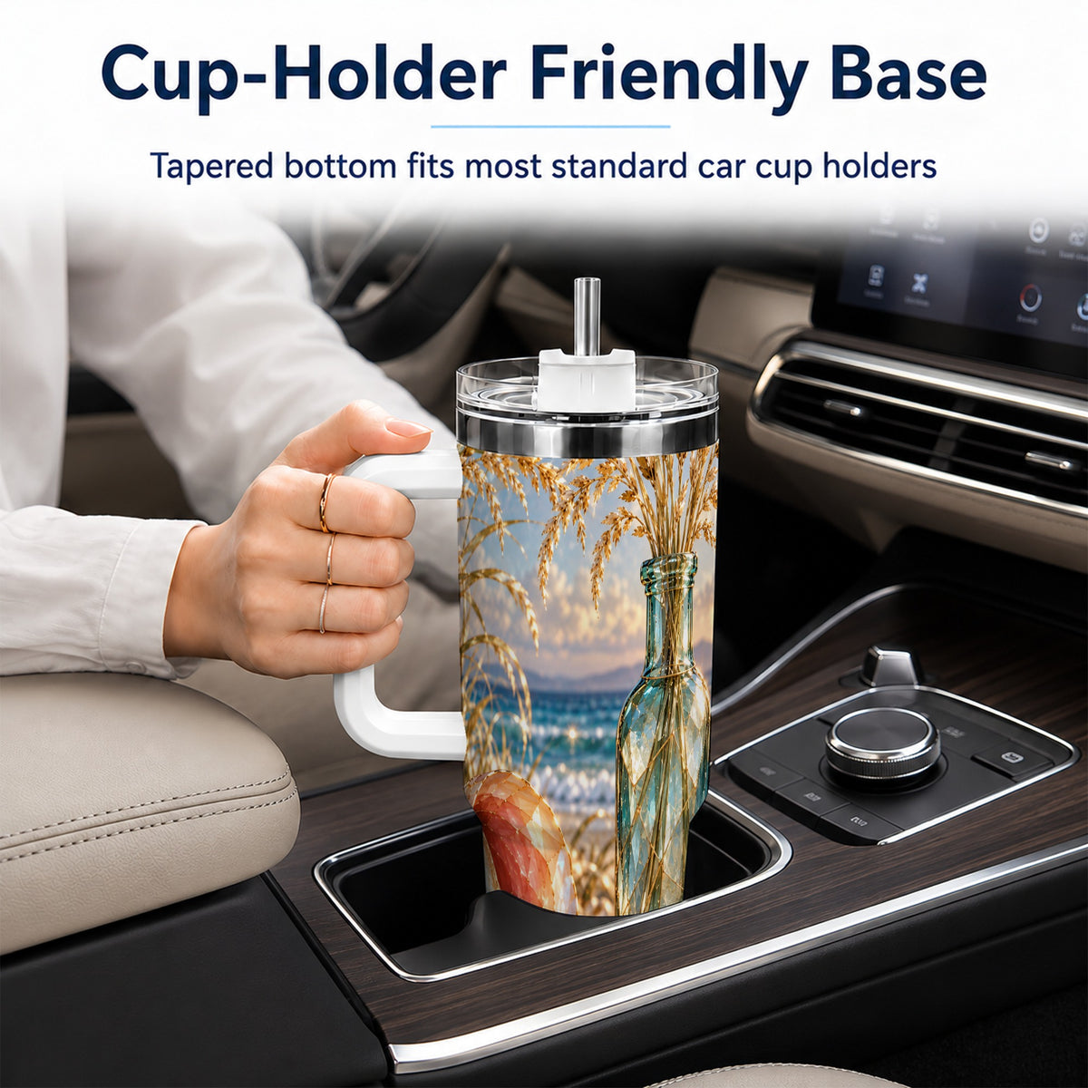 #pl[40oz|White] Sunset Seashell 40oz Tumbler with Handle, Coastal Travel Cup, Faceted Art