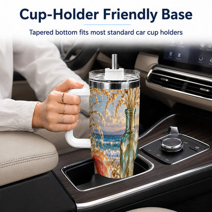 #pl[40oz|White] Sunset Seashell 40oz Tumbler with Handle, Coastal Travel Cup, Faceted Art