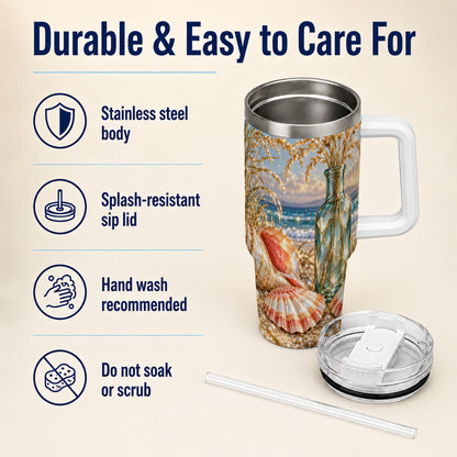 #pl[40oz|White] Sunset Seashell 40oz Tumbler with Handle, Coastal Travel Cup, Faceted Art