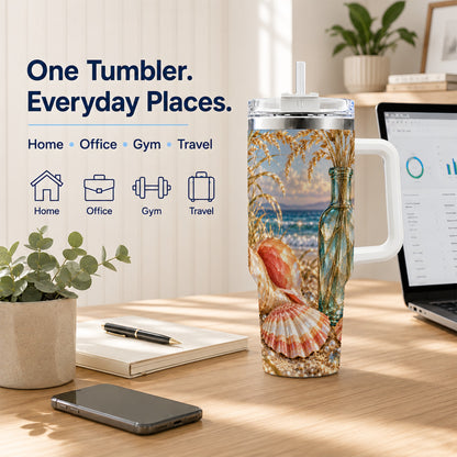 #pl[40oz|White] Sunset Seashell 40oz Tumbler with Handle, Coastal Travel Cup, Faceted Art