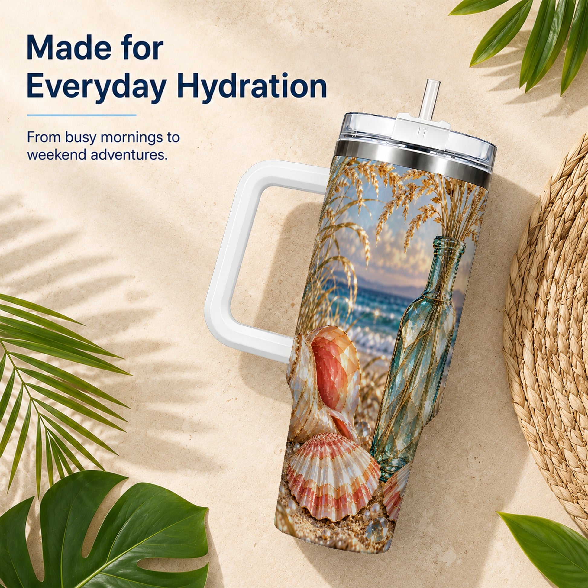 #pl[40oz|White] Sunset Seashell 40oz Tumbler with Handle, Coastal Travel Cup, Faceted Art