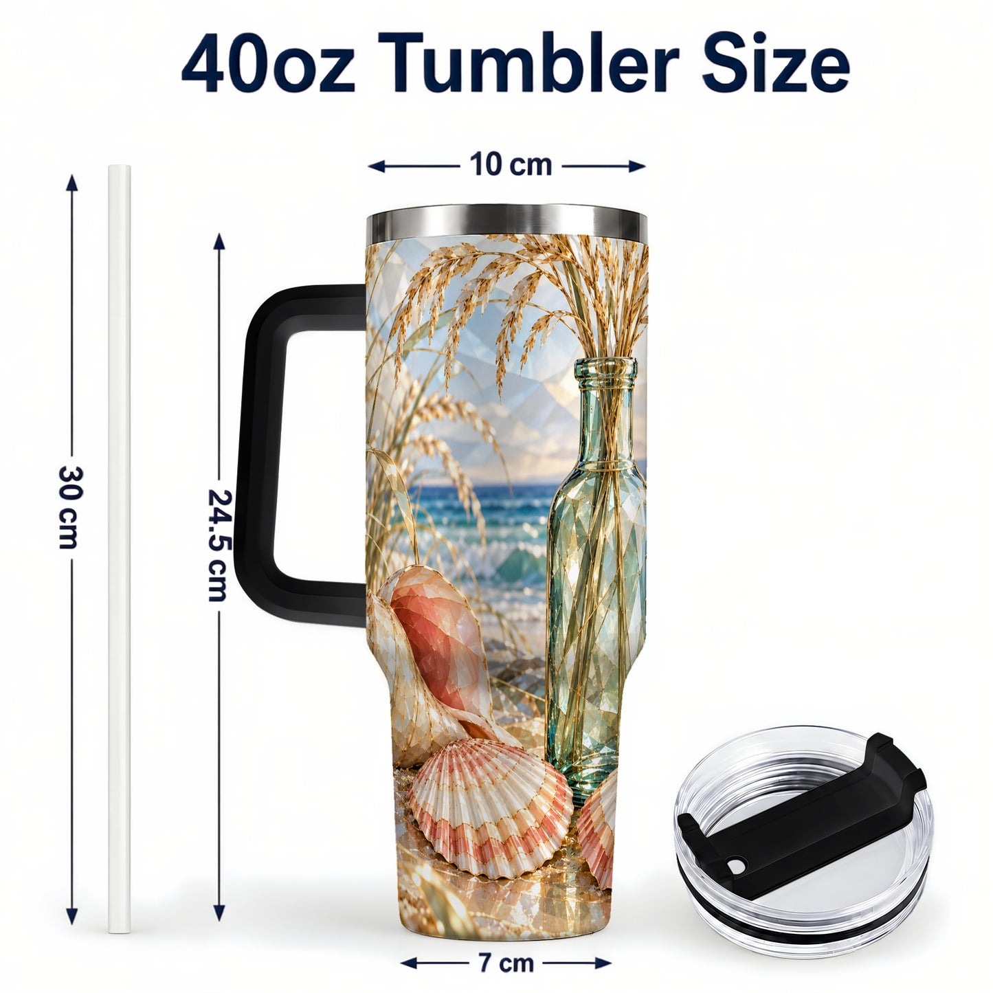 #pl[40oz|Black] Faceted Seashell 40oz Tumbler with Handle, Ocean Travel Cup, Faceted Art