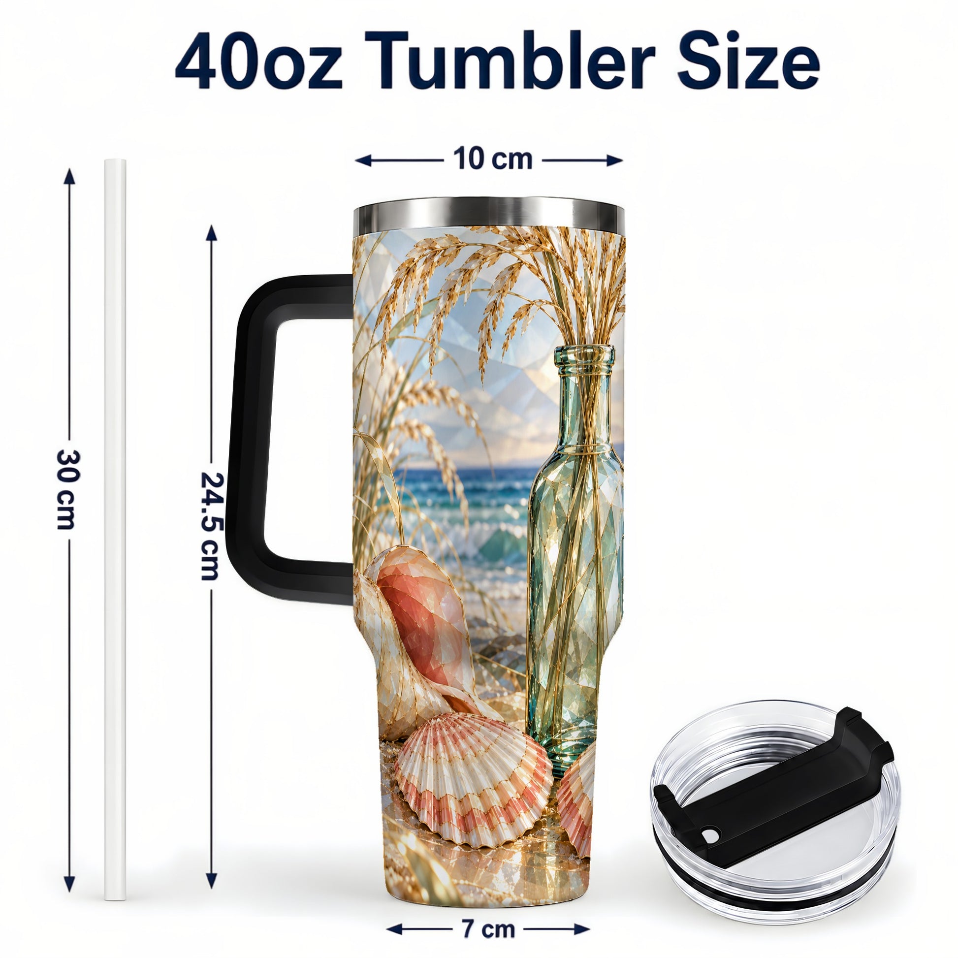 #pl[40oz|Black] Faceted Seashell 40oz Tumbler with Handle, Ocean Travel Cup, Faceted Art