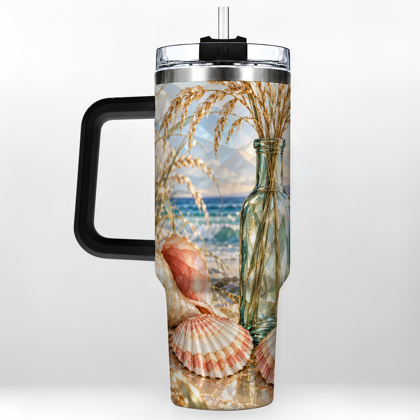 #pl[40oz|Black] Faceted Seashell 40oz Tumbler with Handle, Ocean Travel Cup, Faceted Art
