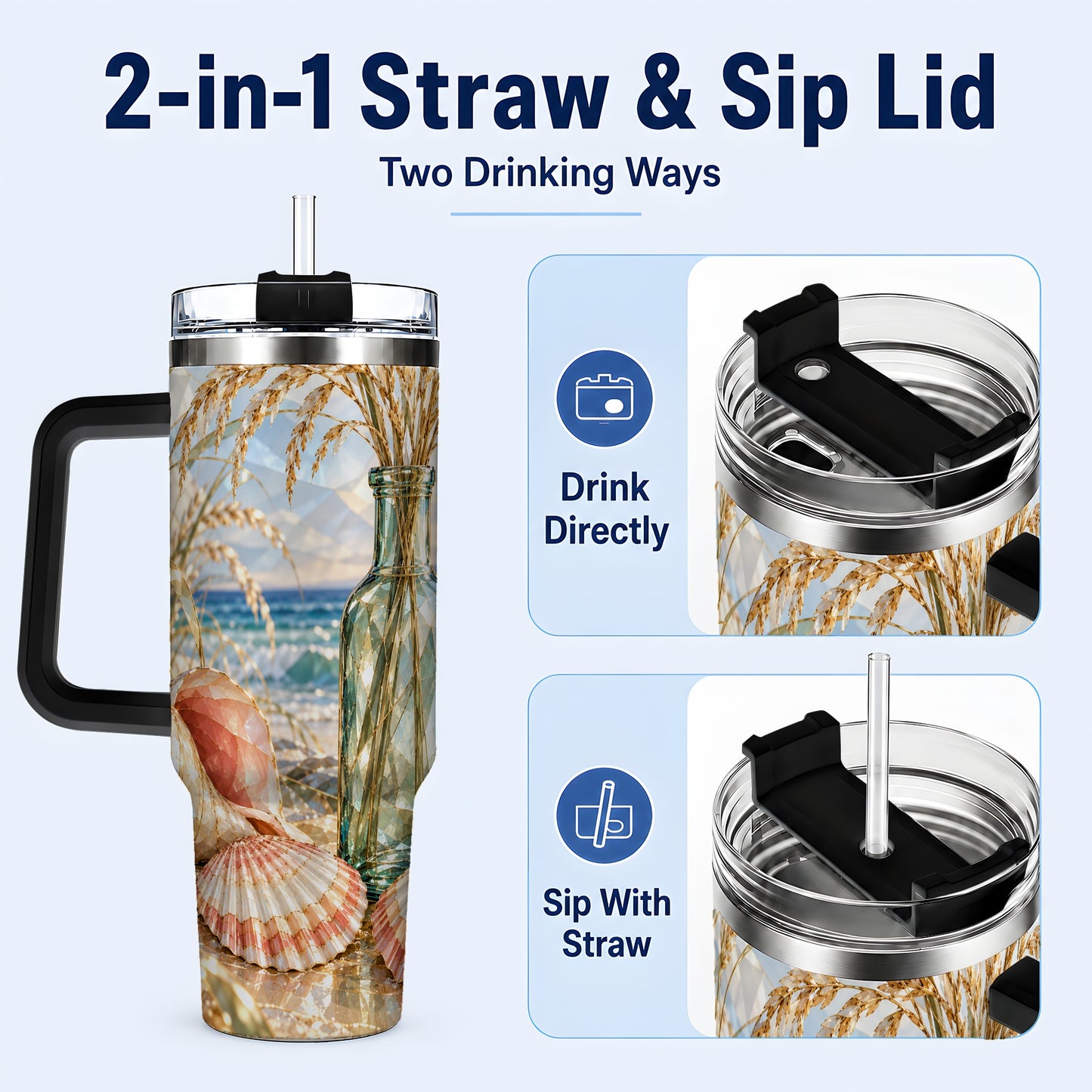 #pl[40oz|Black] Faceted Seashell 40oz Tumbler with Handle, Ocean Travel Cup, Faceted Art