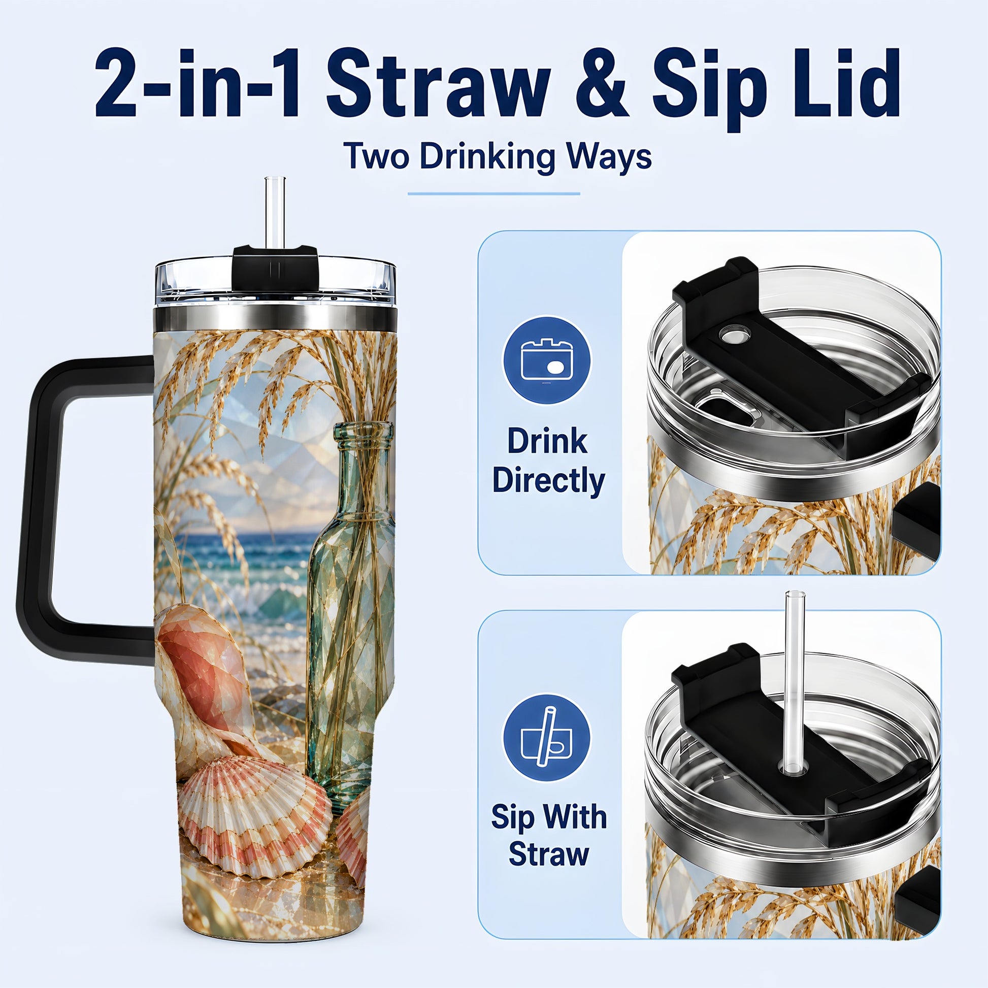 #pl[40oz|Black] Faceted Seashell 40oz Tumbler with Handle, Ocean Travel Cup, Faceted Art