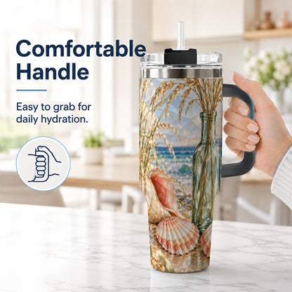 #pl[40oz|Black] Faceted Seashell 40oz Tumbler with Handle, Ocean Travel Cup, Faceted Art