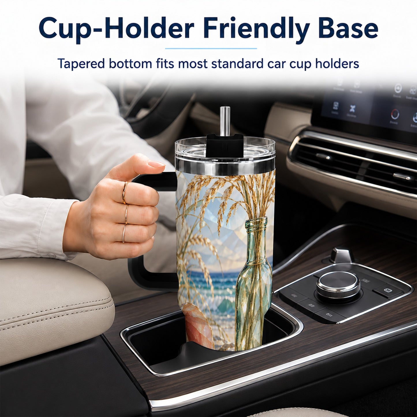 #pl[40oz|Black] Faceted Seashell 40oz Tumbler with Handle, Ocean Travel Cup, Faceted Art