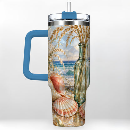 #pl[40oz|Blue] Faceted Seashell 40oz Tumbler with Handle, Ocean Travel Cup, Faceted Art