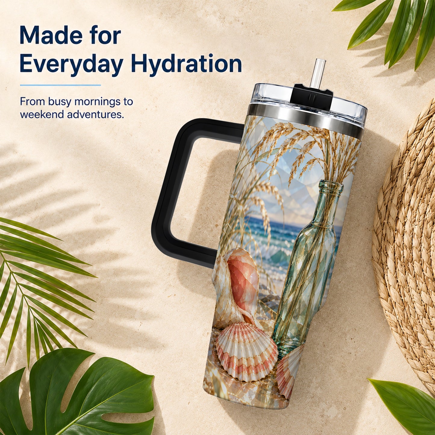 #pl[40oz|Black] Faceted Seashell 40oz Tumbler with Handle, Ocean Travel Cup, Faceted Art