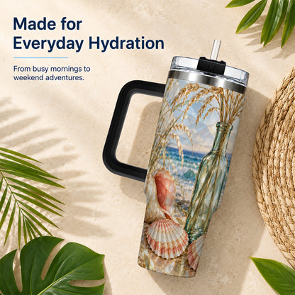 #pl[40oz|Black] Faceted Seashell 40oz Tumbler with Handle, Ocean Travel Cup, Faceted Art