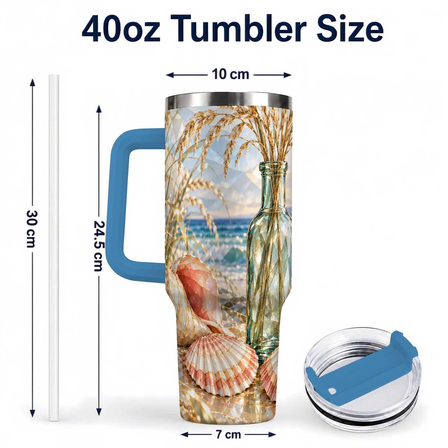 #pl[40oz|Blue] Faceted Seashell 40oz Tumbler with Handle, Ocean Travel Cup, Faceted Art