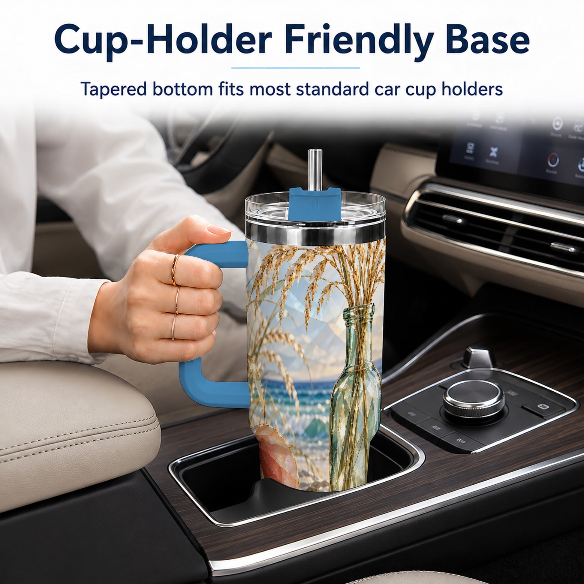 #pl[40oz|Blue] Faceted Seashell 40oz Tumbler with Handle, Ocean Travel Cup, Faceted Art
